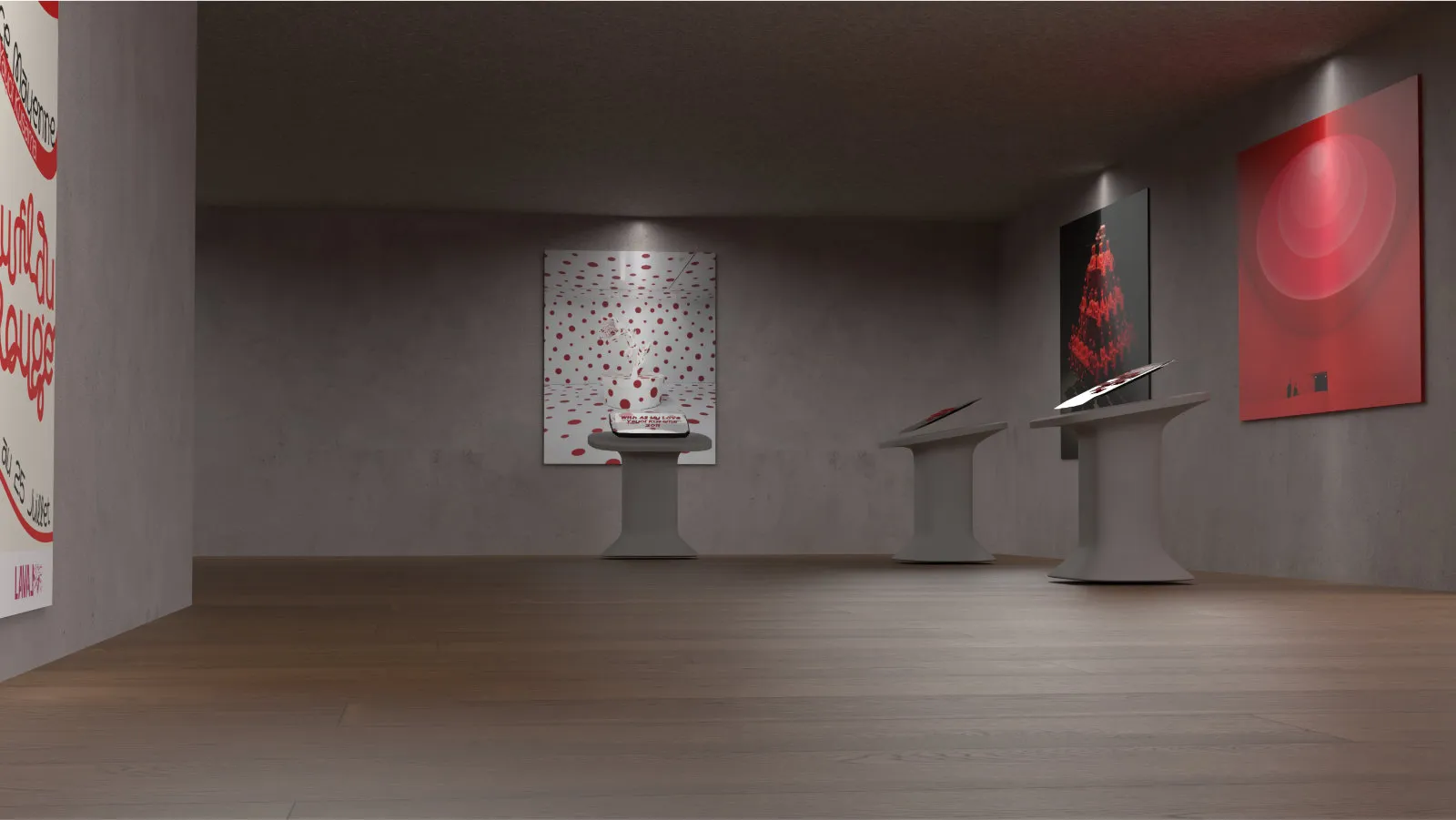 Vue 3D de la scénographie sous Blender - Parcours d'exposition